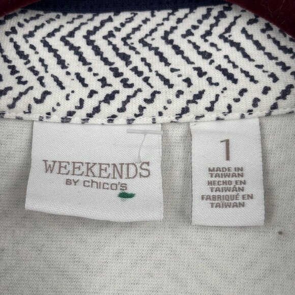 Weekends Chico's Vest Women's Size M Blue White Chevron Print Sleeveless Zip Up - Picture 4 of 11